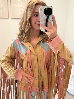 NWT Blue B Women’s Suede Fringe Jacket in Mustard with Pink & Blue Accents Large